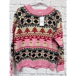Absolutely Pink Gingerbread Snowman Christmas Tree Cable Knit Sweater SZ MED NWT